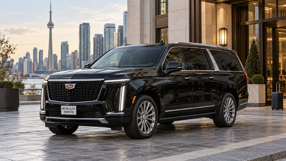 Representative black Cadillac Escalade ESV at a Toronto arrival forecourt, with the CN Tower in the distance.
