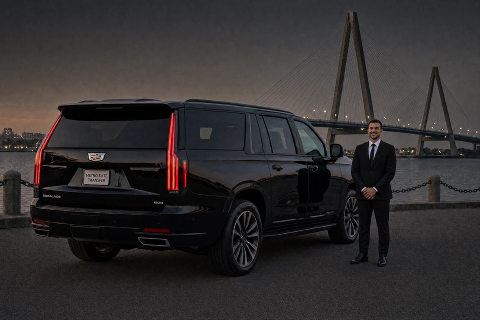 Representative black Cadillac Escalade ESV and chauffeur beside the Detroit River, with the Gordie Howe International Bridge at dusk.